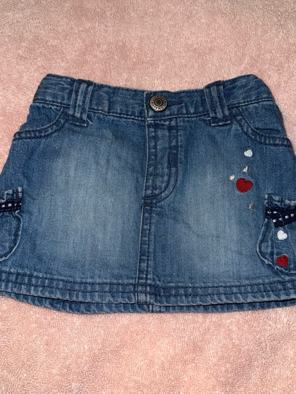 Old Navy Baby Girls Size 6-12 months Denim Blue Jean Skirt Embroidered Hearts
